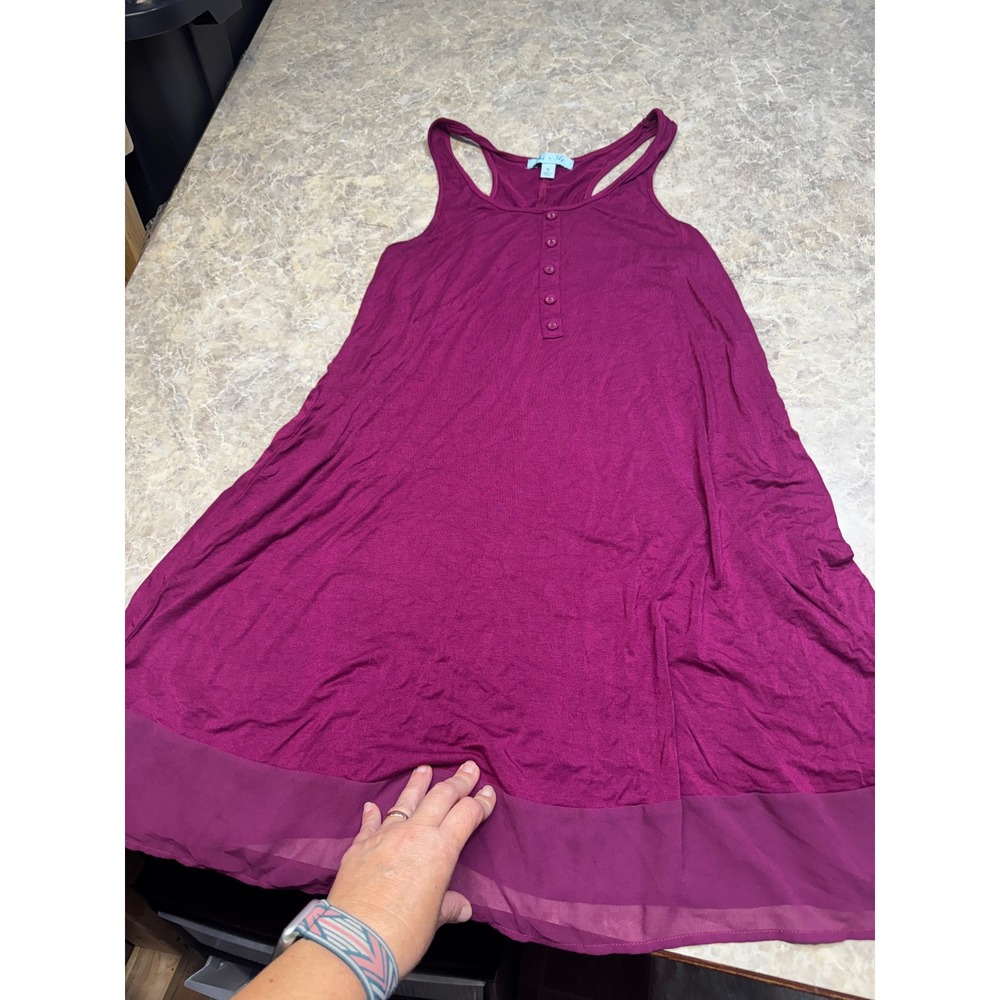 She + Sky Womens Small Berry Wine Henley Racerback Mini Dress Chiffon Trim Hem